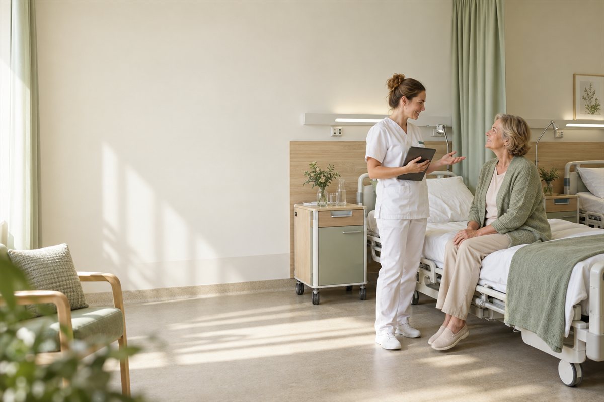 Patientin und Pflegekraft besprechen die Unterbringung im Krankenhaus