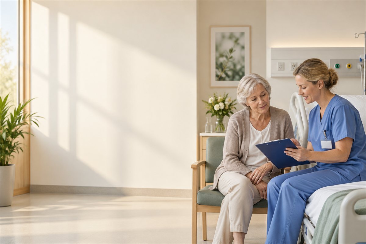Patientin und Mitarbeiterin besprechen Unterlagen im Einzelzimmer