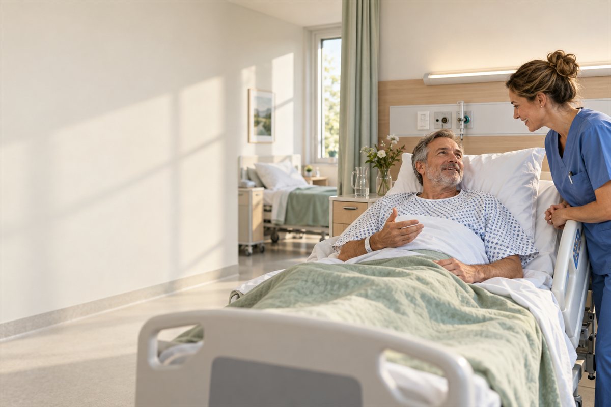 Pflegekraft spricht mit einem Patienten im Krankenhauszimmer