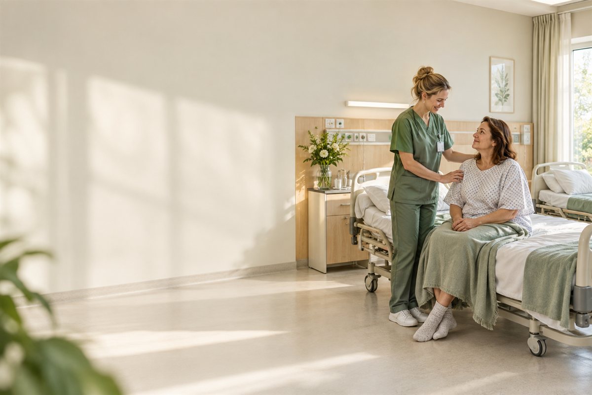 Pflegekraft und Patientin in einem Zimmer mit zwei Krankenhausbetten