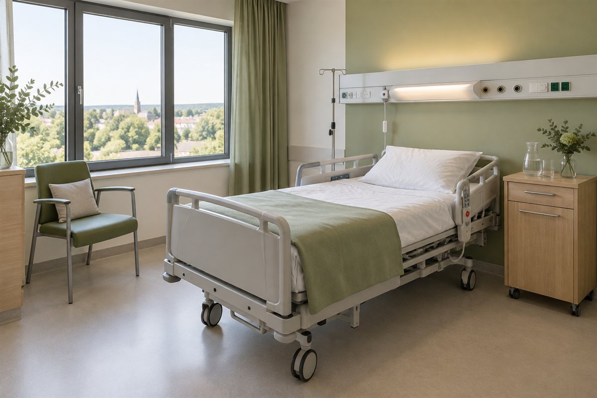 Helles Einbettzimmer mit einem Krankenhausbett, Besucherstuhl und großem Fenster