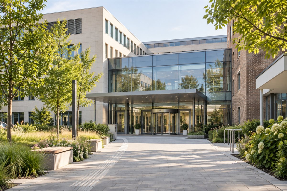 Moderner Klinikeingang mit Glasfassade, ebenerdigem Zugang und bepflanztem Vorplatz