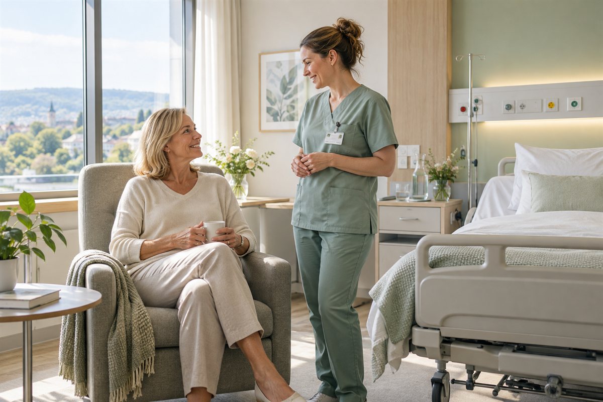 Pflegekraft im Gespräch mit einer entspannten Patientin am Fenster eines hellen Krankenhauszimmers