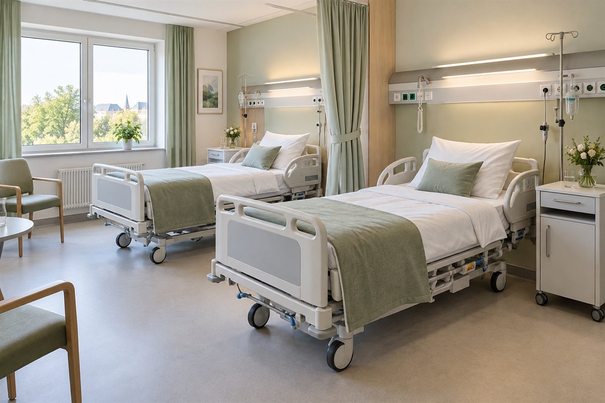 Zweibettzimmer mit zwei getrennten Krankenhausbetten und einem Sichtschutzvorhang